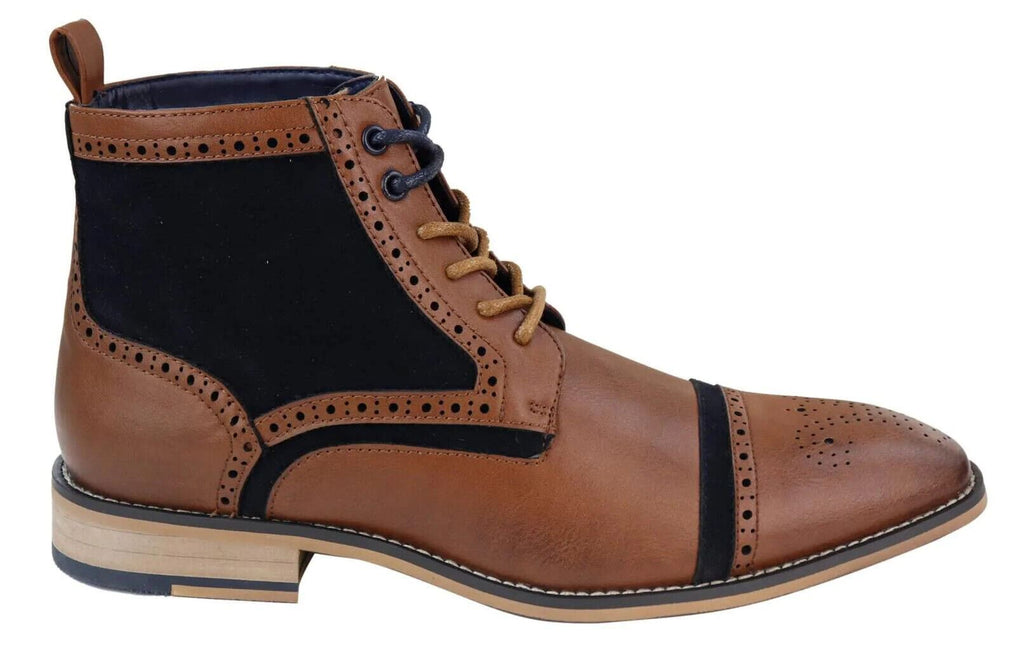 Mens Retro Oxford Brogue Ankle Boots In Tan/Navy Leather