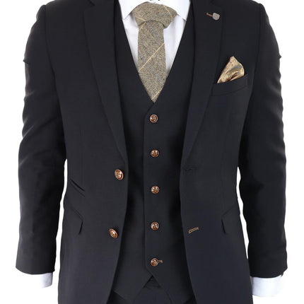 Mens Black 3 piece Suit Brown Trim Classic Birdseye Vintage Wedding Grooms
