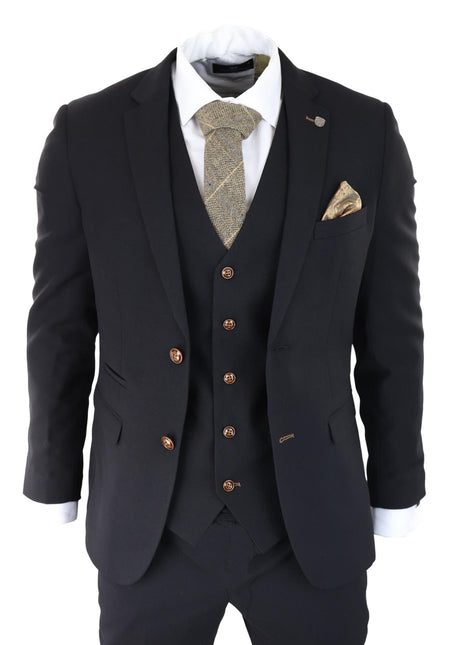 Mens Black 3 piece Suit Brown Trim Classic Birdseye Vintage Wedding Grooms