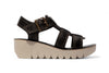 Fly London Women's Yudd236Fly Black Mousse Leather Wedge Sandals