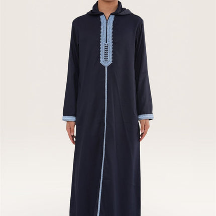 Kids Boys Navy Blue Eid Hooded Moroccan Thobe Robe Djellaba Ramadan Jubba- K-HM3