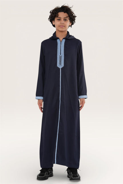 Kids Boys Navy Blue Eid Hooded Moroccan Thobe Robe Djellaba Ramadan Jubba- K-HM3