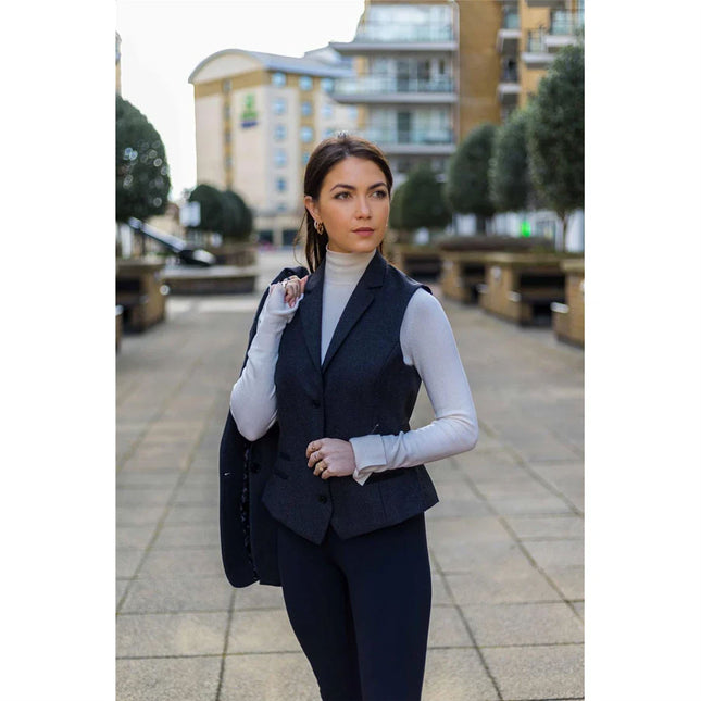 Womens Black Herringbone Check Tweed Waistcoat Wool Blend Vest