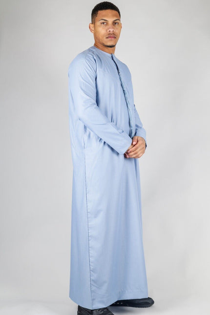 Men's Blue Thobe Emirati Islamic Jubba Robe Eid Tassel Slim Fit