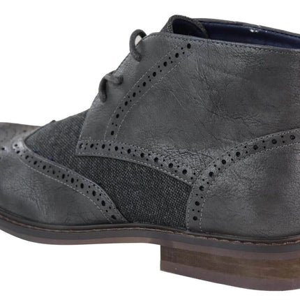Mens Classic Tweed Oxford Brogue Ankle Boots In Grey Leather