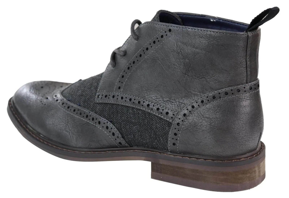 Mens Classic Tweed Oxford Brogue Ankle Boots In Grey Leather