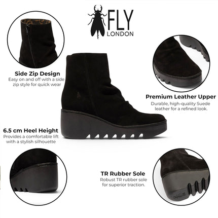 Fly London Women’s Black Suede Leather Wedge Heel Platform Ankle Boots - BAAN538