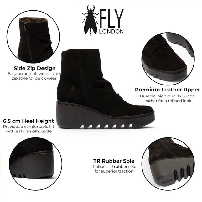 Fly London Women’s Black Suede Leather Wedge Heel Platform Ankle Boots - BAAN538