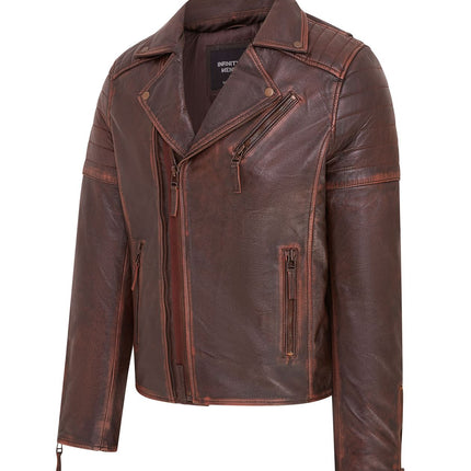 Mens Slim Fit Brando Style Double Cross Zip 100% Leather Biker Jacket