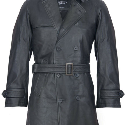 Mens Black Leather Trench Coat-Memphis