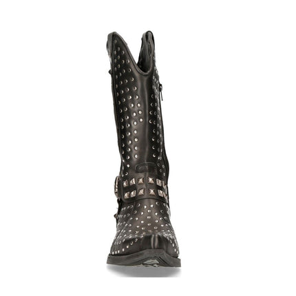 New Rock Black Leather Studded Cowboy Boots- M-7928-S1