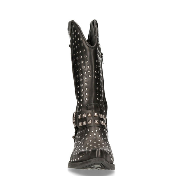 New Rock Black Leather Studded Cowboy Boots- M-7928-S1