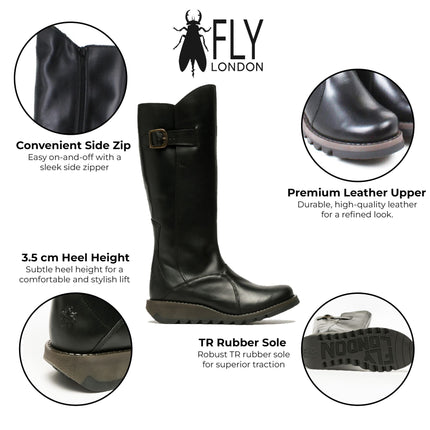 Fly London Womens Black Mol 2 Leather Wedge Heel Knee High Zip Up Boots