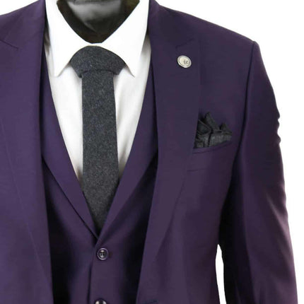 New Mens 3 Piece Suit Plain Purple Classic Tailored Fit Smart Casual 1920s Formal