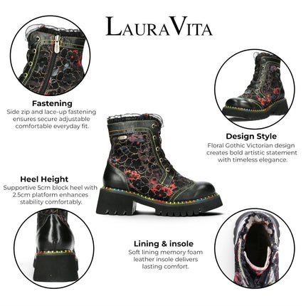 Laura Vita Women's Gothic Floral Black Leather Combat Boots - Oyao-11