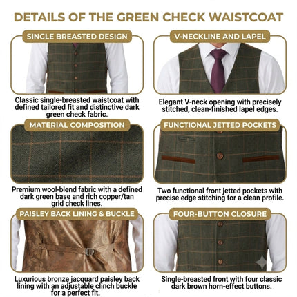 Men's Green Tweed Herringbone Check Waistcoat - Harris
