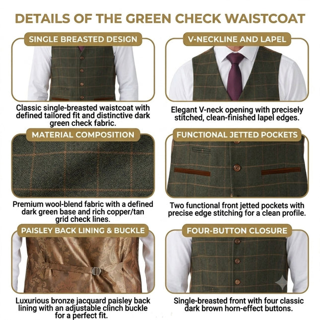 Men's Green Tweed Herringbone Check Waistcoat - Harris
