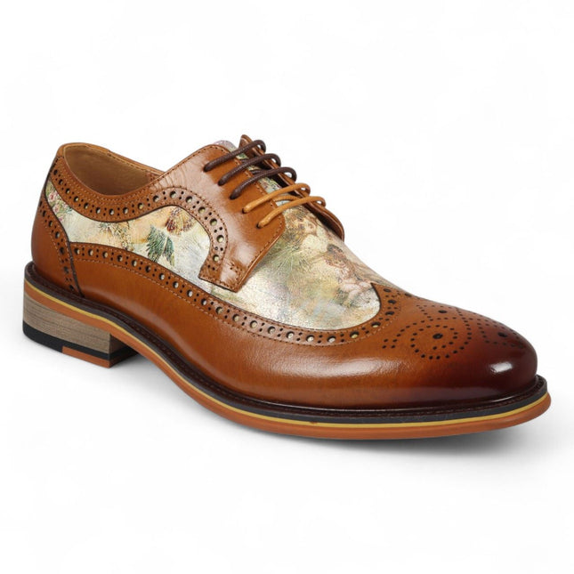 Justin Reess Men's Brown Leather Iconic Print Brogue Dress Shoes - Scott