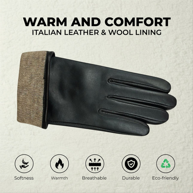 Womens Black Italian Leather Winter Bow Design Soft Wool Lining Gloves - L-GLV-401