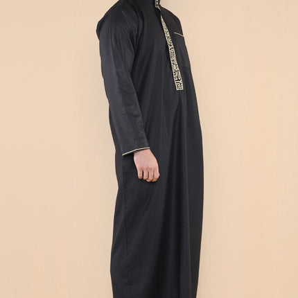 Mens Black Thobe Jubba Emirati Islamic Arabic Eid Embroidery Kaftan Jubbah Robe