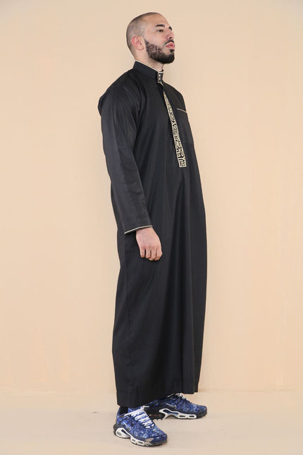 Mens Black Thobe Jubba Emirati Islamic Arabic Eid Embroidery Kaftan Jubbah Robe