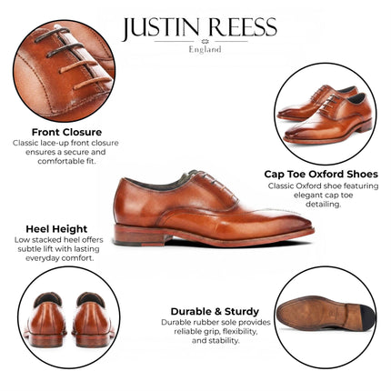 Justin Reess Men's Tan Leather Cross-Stitch Toe Cap Oxford Shoes - Jett
