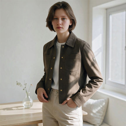 Womens Taupe Brown Leather Shacket Collar Jacket - Lofar