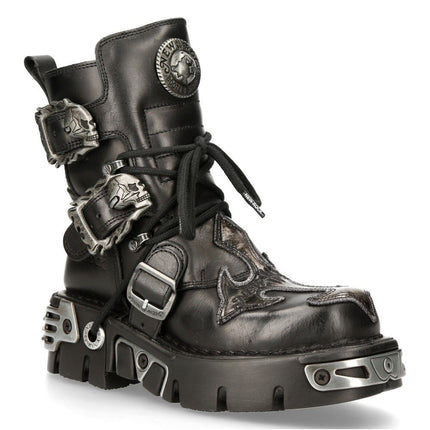 New Rock Silver Cross Black Leather Biker Boots - 407-S1