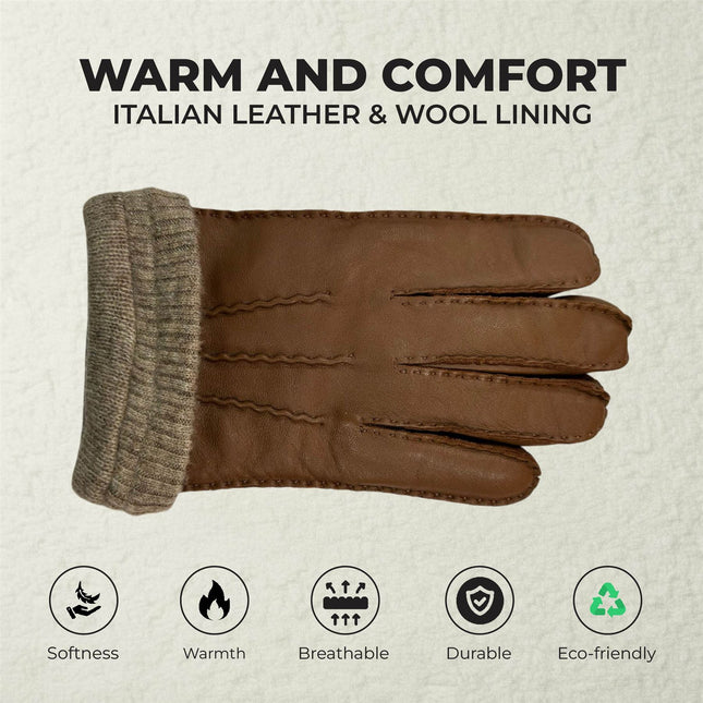 Men’s Tan Brown Italian Leather Warm Wool Lining Winter Gloves - M-LGV-405