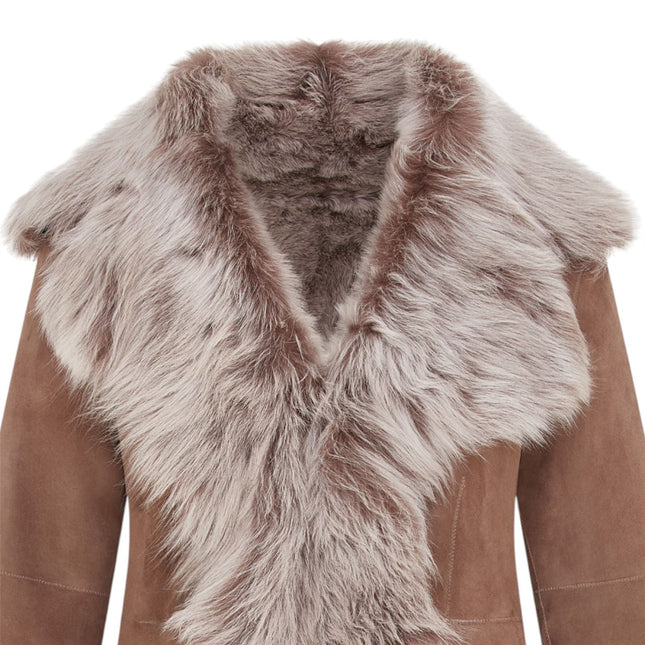 Women's Taupe Sheepskin Toscana Shearling Suede Leather Jacket - Noiré