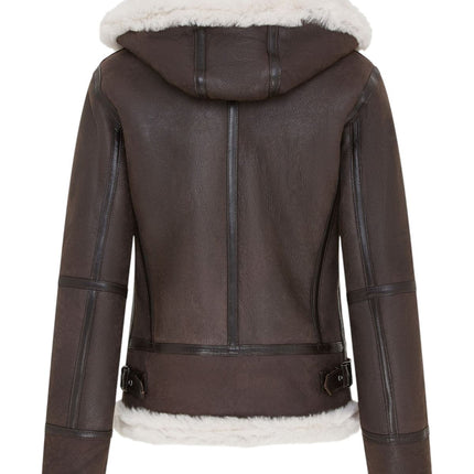 Womens Creck Brown Hooded Sheepskin Flying Leather Jacket-Palermo