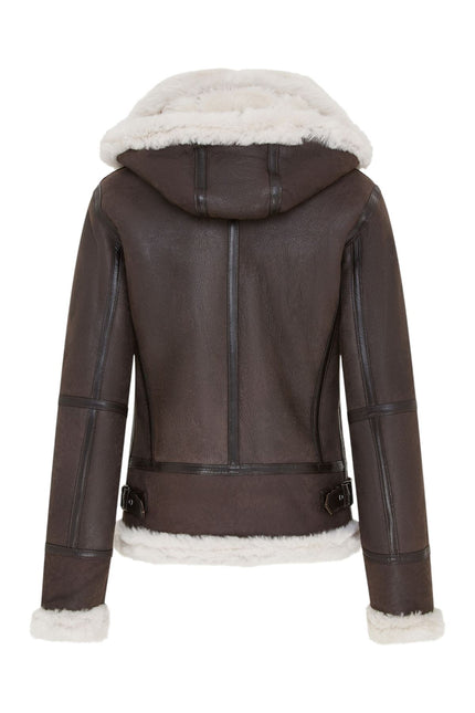 Womens Creck Brown Hooded Sheepskin Flying Leather Jacket-Palermo