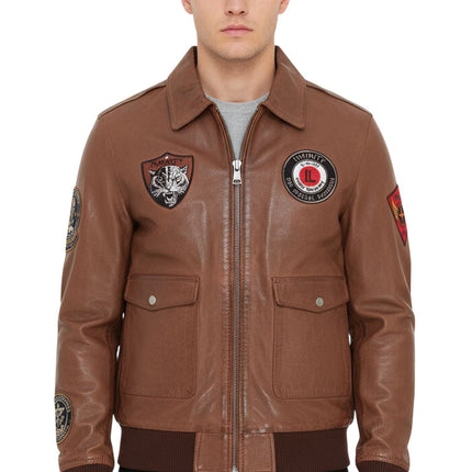 Men's Tan Brown Leather Bomber G-1 Aviator Collar Jacket  - Maverick