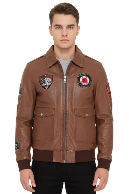 Men’s Tan Brown Leather Bomber G-1 Aviator Collar Jacket  - Maverick