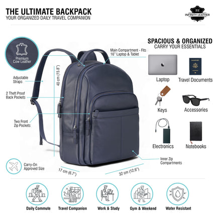 Genuine Leather Navy Blue Vintage Rucksack Laptop Bag Travel Backpack - Capri
