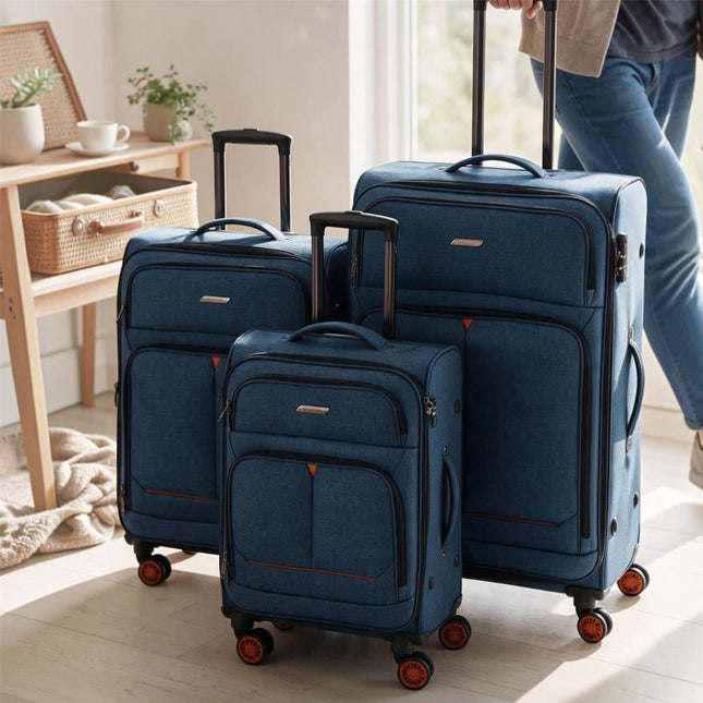 Soft Shell Blue Linen Suitcase Set 8 Wheel Lightweight Travel Luggage