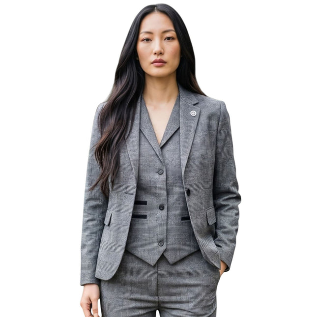 Women's Grey Three Piece Check Tailored Suit - TPW-51