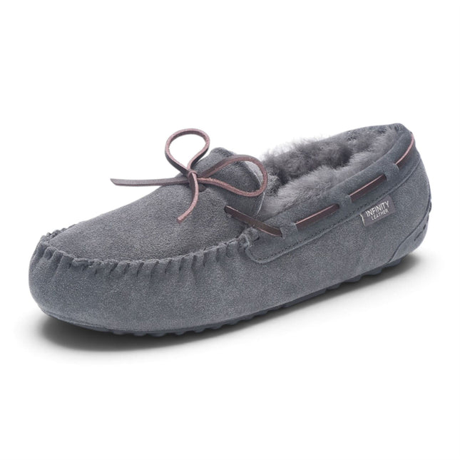 Women's Grey Genuine Sheepskin Moccasin Winter Slippers - Aspen