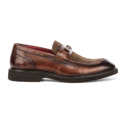 Justin Reess Men's Tan Leather Herringbone Tweed Loafer Shoes - Tristian