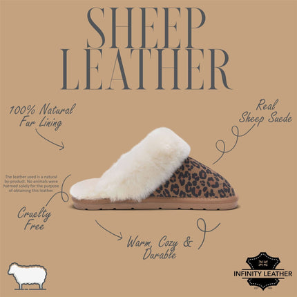 Women's Genuine Sheepskin Leopard Print Suede Mule Winter Slippers -Luna