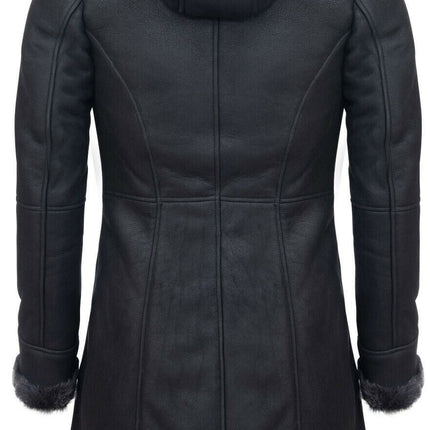 Womens Black Sheepskin Hooded Duffle Coat-Ottawa
