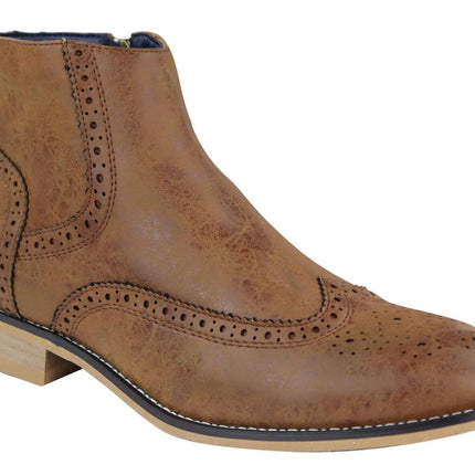 Mens Tan Leather Brogue Zip Up Chelsea Boots