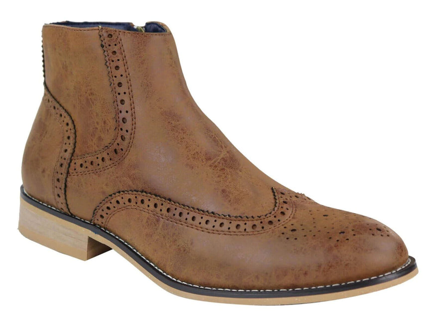 Mens Tan Leather Brogue Zip Up Chelsea Boots