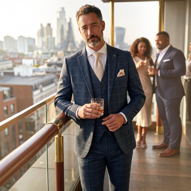 Men's Navy 3 Piece Wool Blend Tweed Suit - Harris