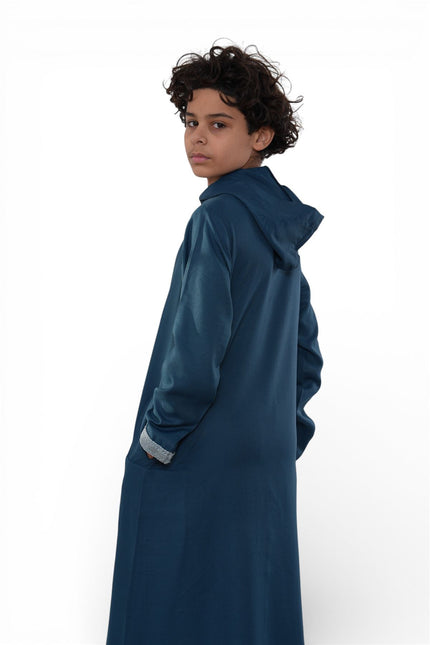 Kids Boys Aqua Blue Eid Hooded Moroccan Thobe Robe Djellaba Ramadan Jubba- K-HM3
