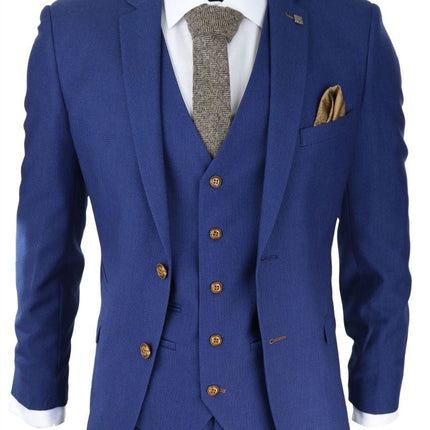 Mens 3 Piece Royal Blue Birdseye Classic Suit
