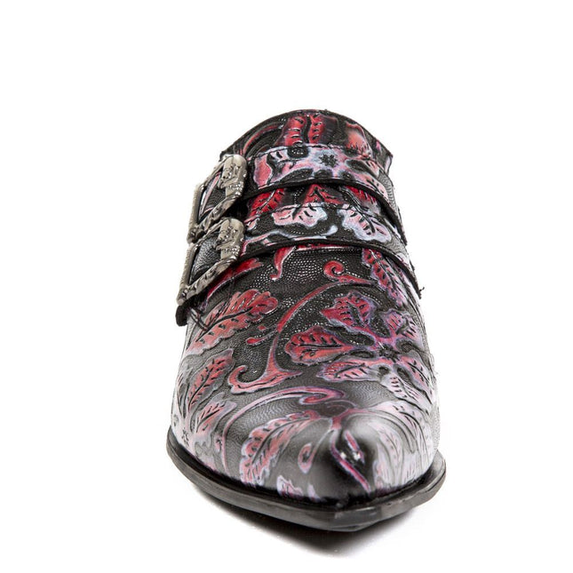 New Rock Vintage Red Floral Leather Buckle Shoes - 7960-S6