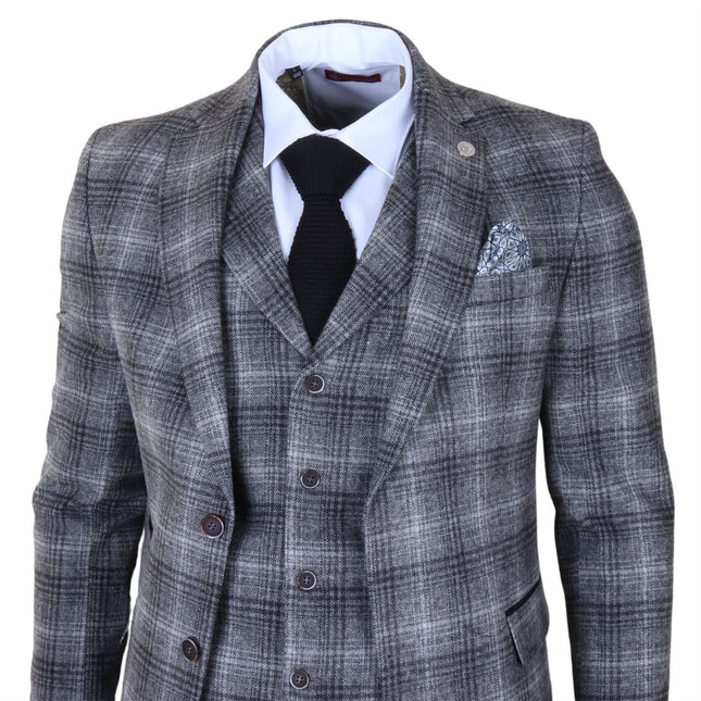 Men's Formal Grey Tweed  3 Piece Check Vintage Gatsby Style Suit