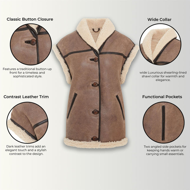 Womens Brown Aviator Shearling Sheepskin Leather Gilet Waistcoat