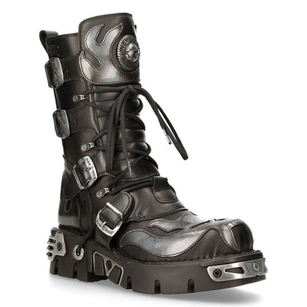 New Rock Flame Accented Black/Silver Leather Biker Boots - 107-S2